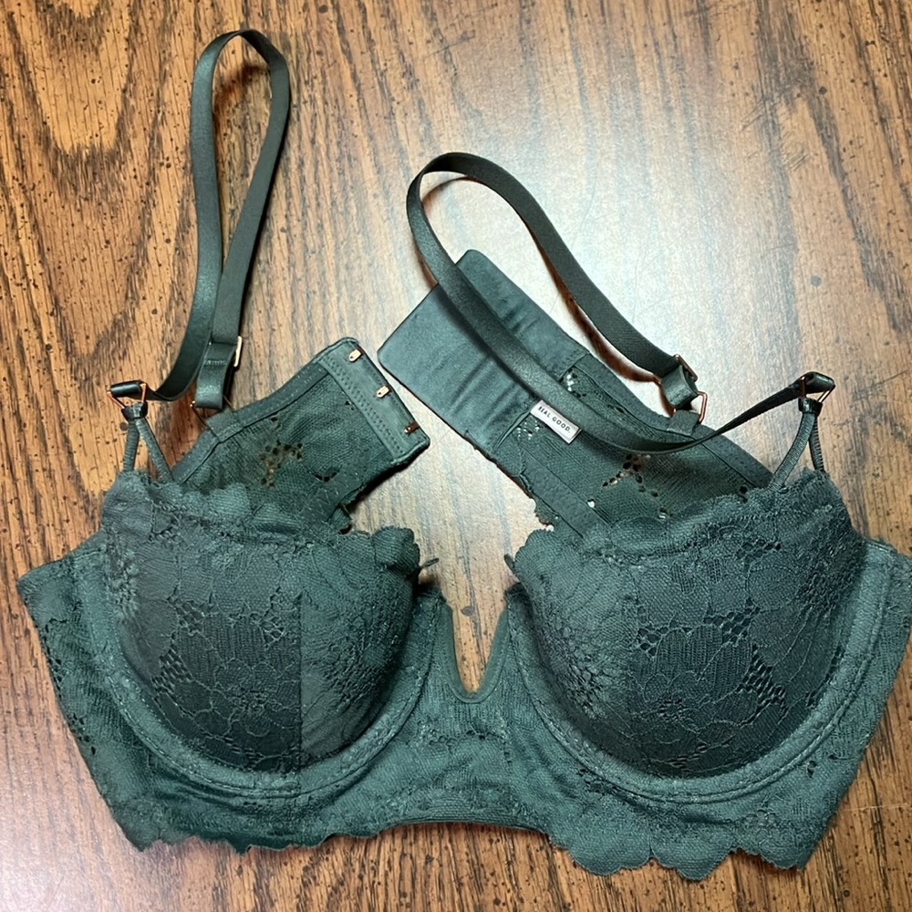 Aerie real power lace balconette bra olive green 34A EUC